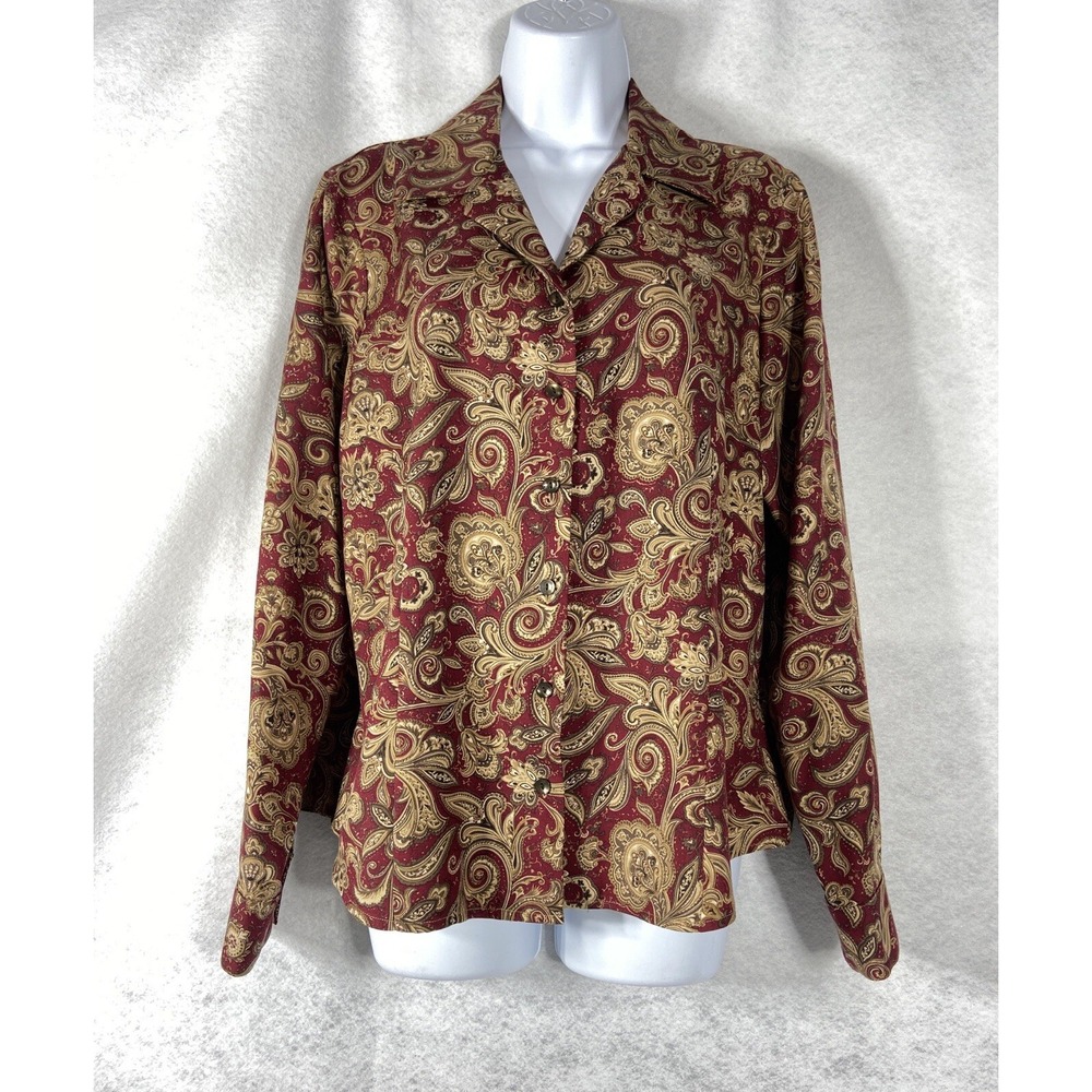Vintage Talbots Top Women's 12 Burgundy Silk Wool Long Sleeve Floral New